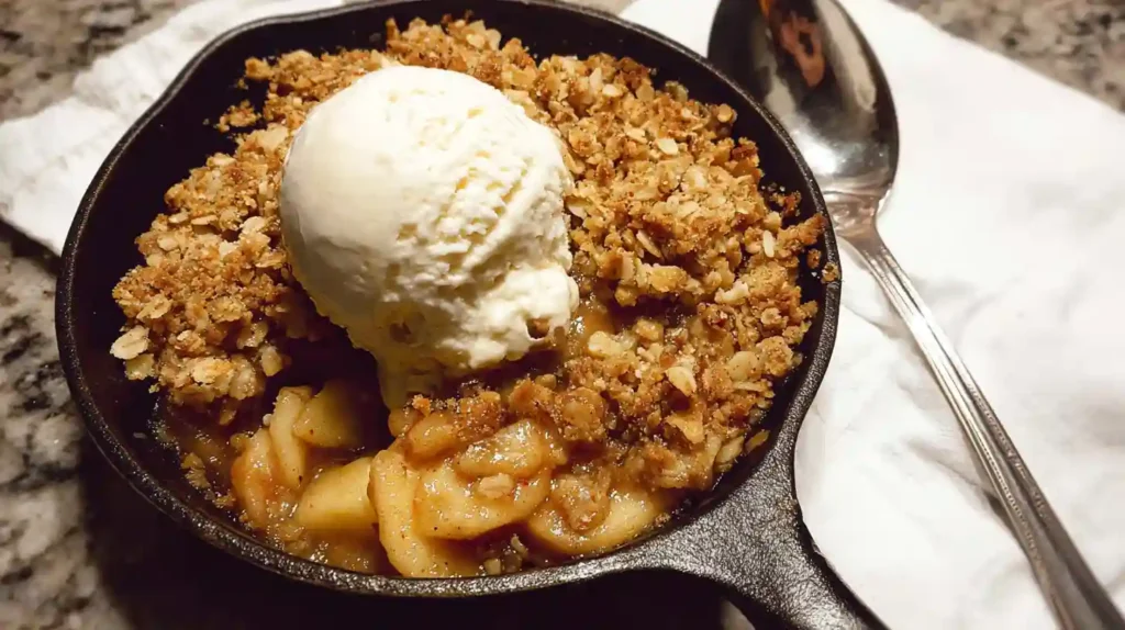 Golden gluten free apple crisp in ceramic baking dish with bubbling caramelized apples and crunchy oat crumble topping