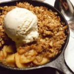 Golden gluten free apple crisp in ceramic baking dish with bubbling caramelized apples and crunchy oat crumble topping