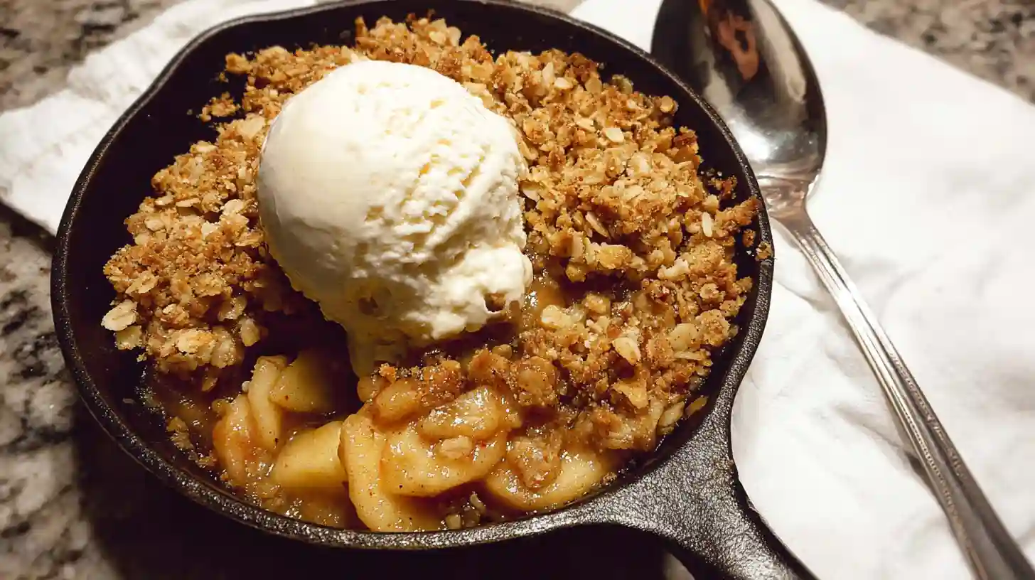 Golden gluten free apple crisp in ceramic baking dish with bubbling caramelized apples and crunchy oat crumble topping