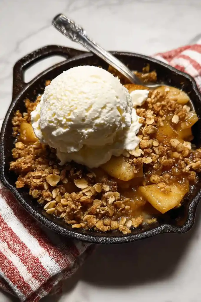 Freshly baked gluten free apple crisp cooling on wire rack with golden topping and steam rising, vanilla ice cream nearby