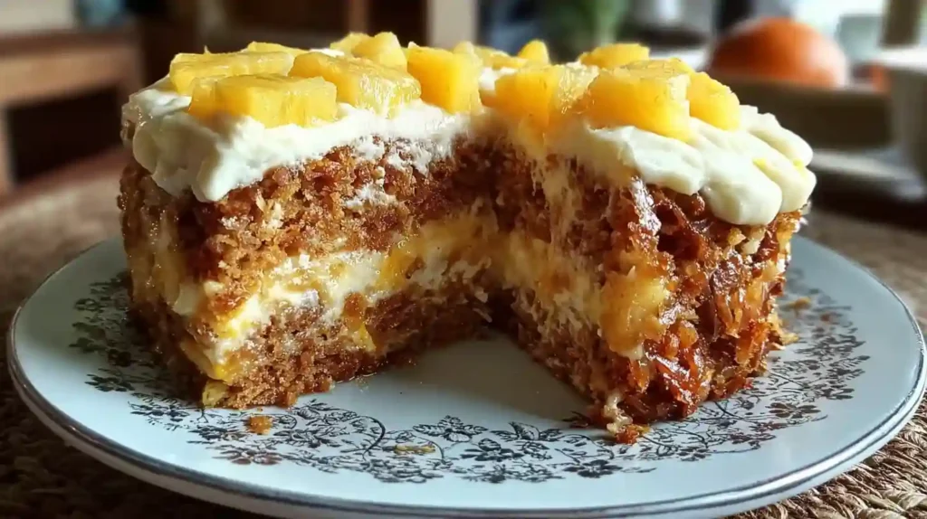 Sliced Hawaiian carrot pineapple cake showing moist layers with cream cheese frosting on white plate
