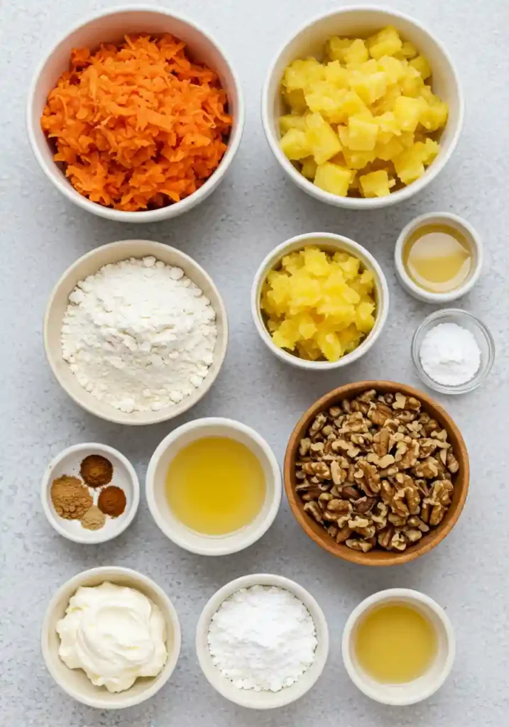 All ingredients for Hawaiian carrot pineapple cake arranged on marble countertop including flour, carrots, pineapple, eggs, and spices