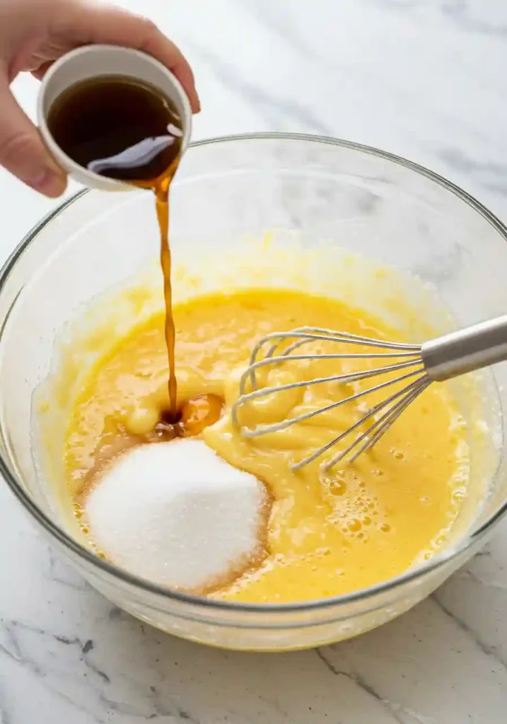 Electric mixer beating eggs, oil, sugar and vanilla in glass bowl creating smooth creamy mixture