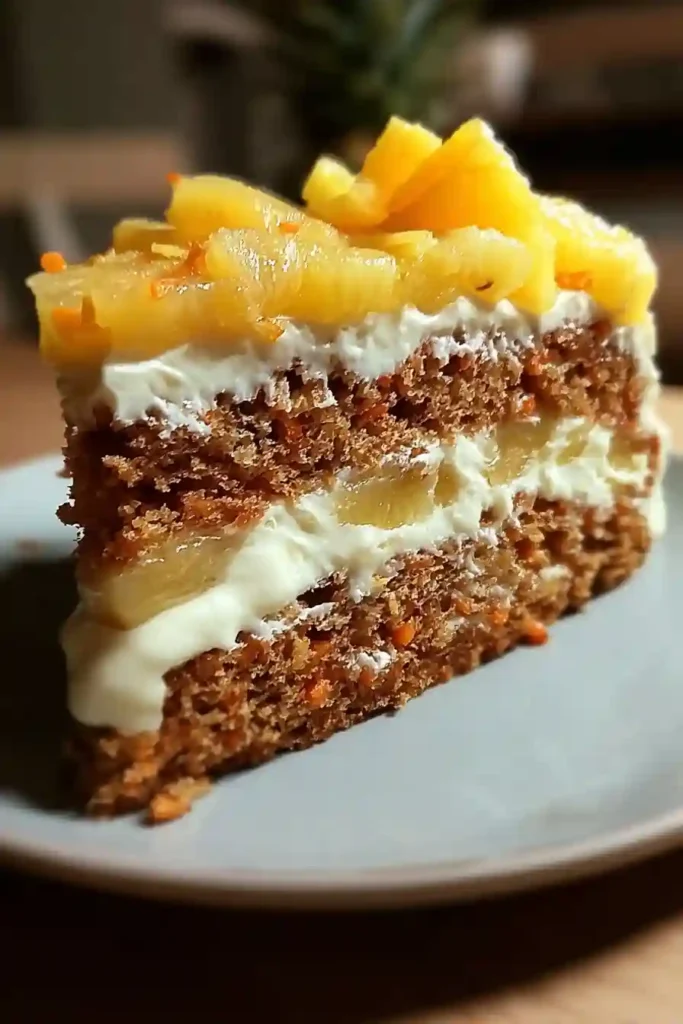 Two cake layers being assembled with cream cheese frosting spread between layers using offset spatula
