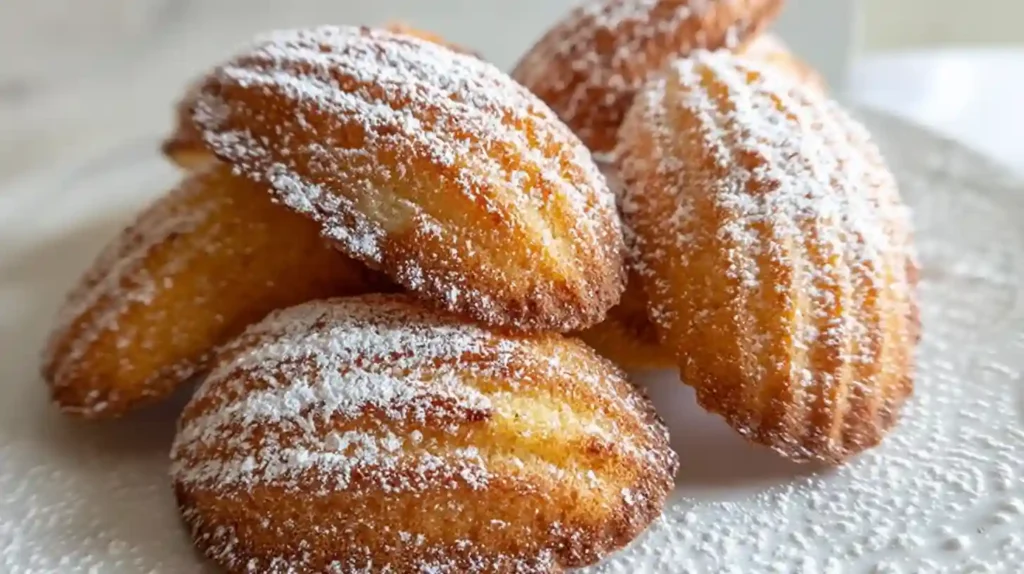 Golden shell-shaped madeleine cookies recipe Using Cream with signature ridged pattern arranged on white plate, made using cream recipe