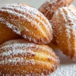 Golden shell-shaped madeleine cookies recipe Using Cream with signature ridged pattern arranged on white plate, made using cream recipe