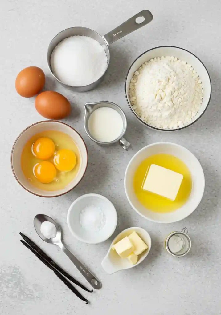 Ingredients for madeleine cookies recipe including eggs, sugar, flour, heavy cream, butter, vanilla, salt and baking powder arranged on counter