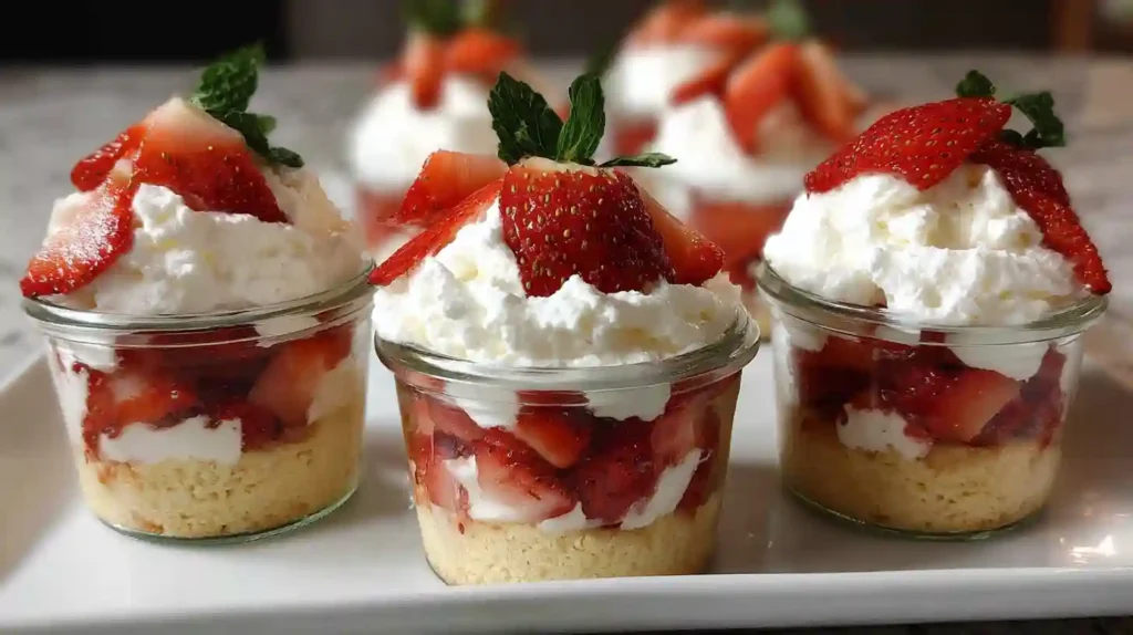 Mini Strawberry Shortcake Cups in clear glass jars with layered strawberries, cake, and whipped cream on marble surface