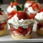 Mini Strawberry Shortcake Cups in clear glass jars with layered strawberries, cake, and whipped cream on marble surface