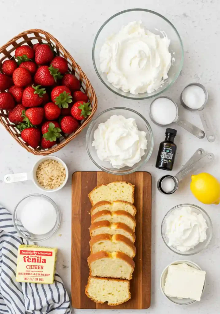 Fresh strawberries, pound cake, whipped cream ingredients, and glass jars arranged for strawberry shortcake cups recipe