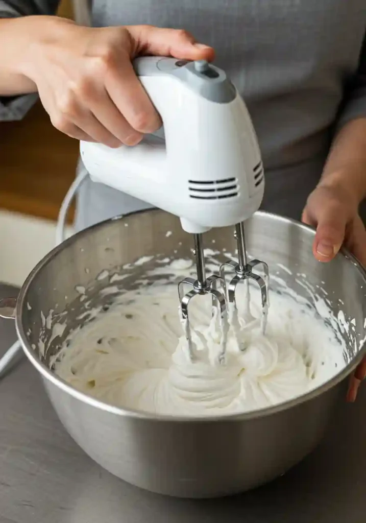 Electric mixer whipping heavy cream in stainless steel bowl for strawberry shortcake dessert cups
