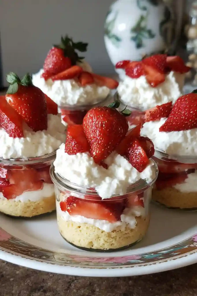 Completed Mini Strawberry Shortcake Cups chilling in refrigerator covered with plastic wrap
