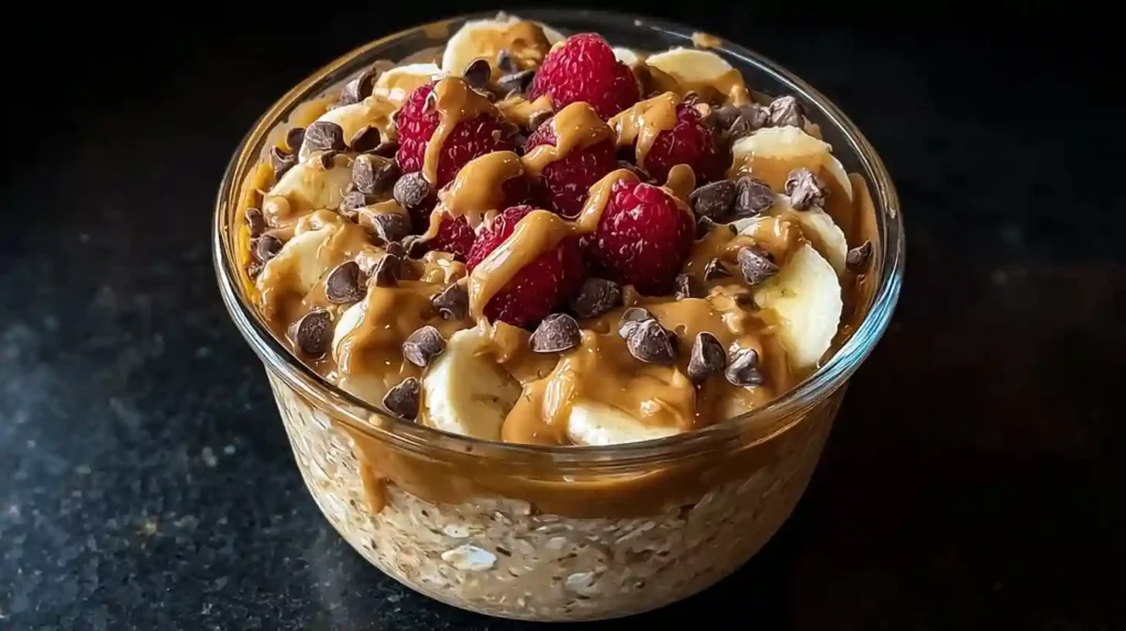 Peanut butter overnight oats in mason jar topped with banana slices and chopped peanuts on wooden table