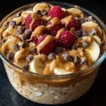 Peanut butter overnight oats in mason jar topped with banana slices and chopped peanuts on wooden table