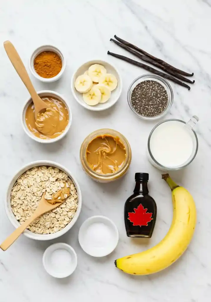 All ingredients for peanut butter overnight oats laid out including rolled oats, peanut butter, milk, chia seeds, and banana