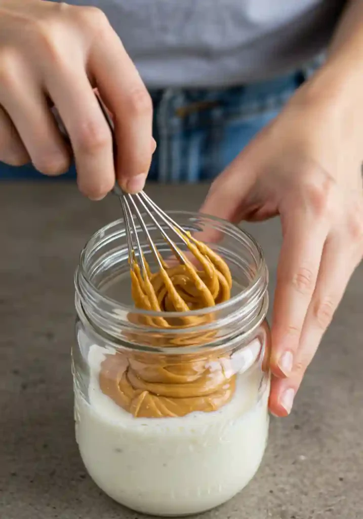 Pouring rolled oats and chia seeds into mason jar with peanut butter milk mixture for overnight oats
