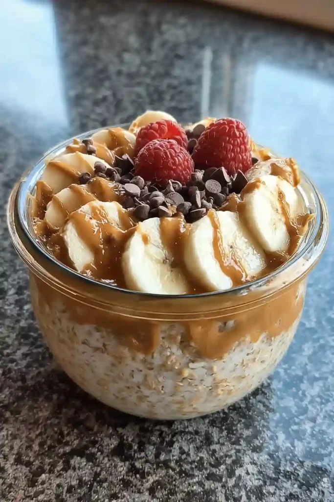 Stirring finished peanut butter overnight oats with spoon showing creamy pudding-like texture ready to eat