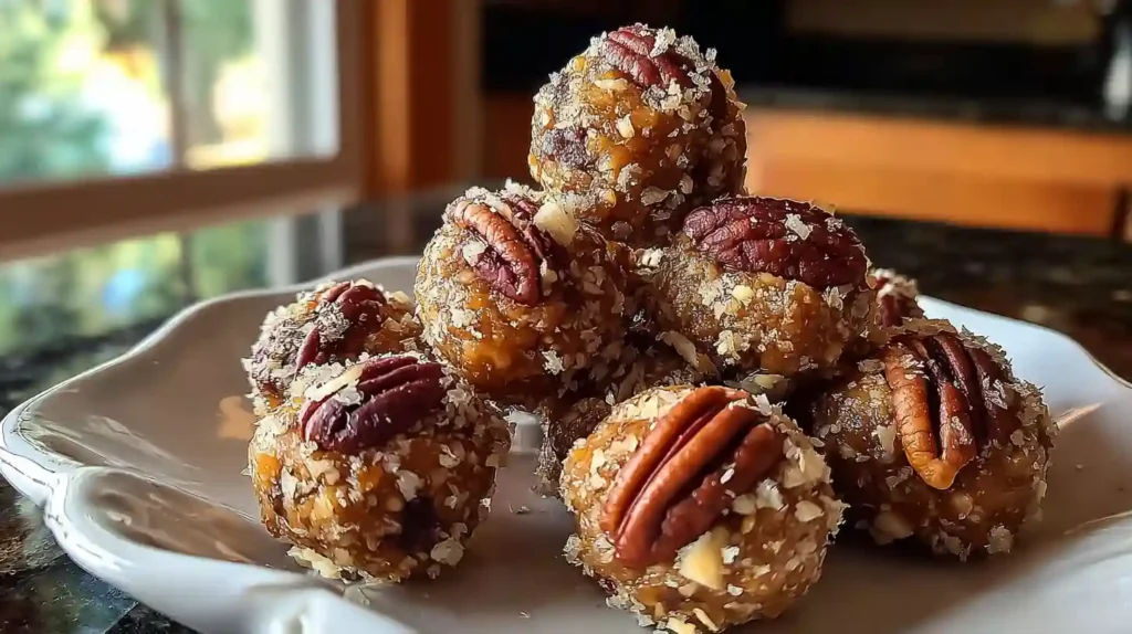 No bake pecan pie balls with powdered sugar coating on wooden serving board