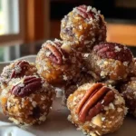 No bake pecan pie balls with powdered sugar coating on wooden serving board