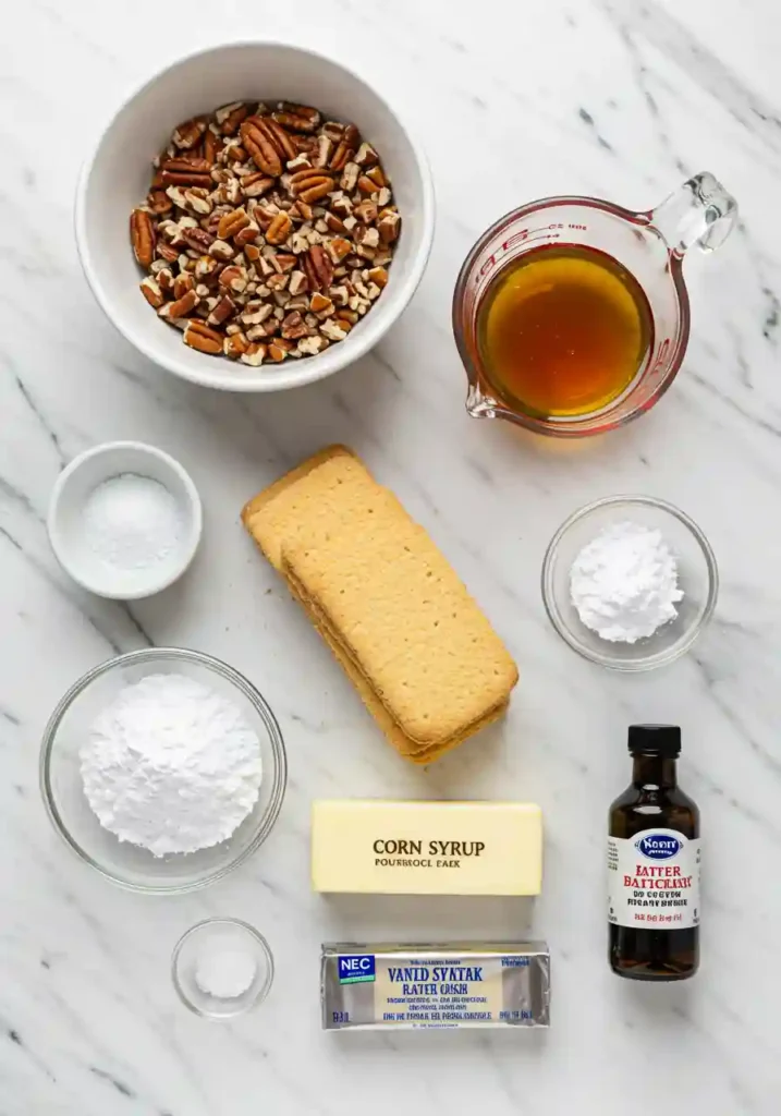 Pecan pie ball ingredients including pecans, vanilla wafers, corn syrup and butter