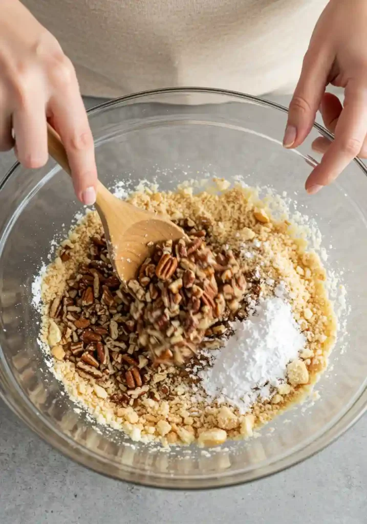 Mixing chopped pecans, cookie crumbs and powdered sugar in glass bowl 