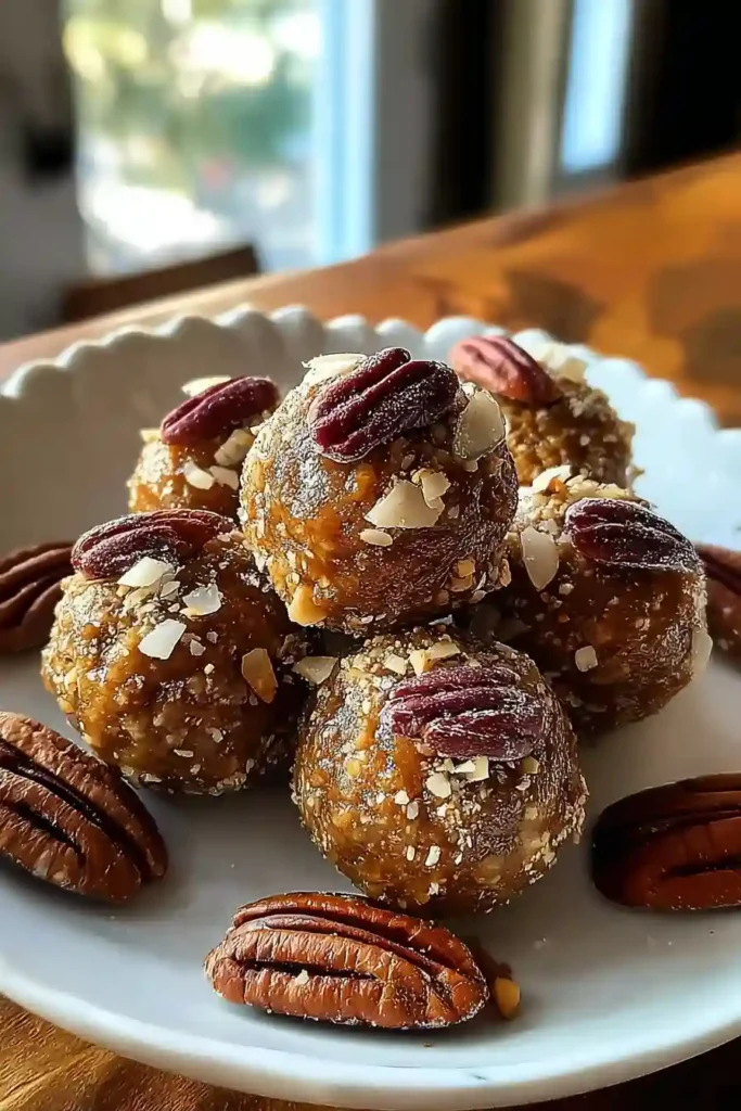 Formed pecan pie balls arranged on parchment paper ready for refrigerating