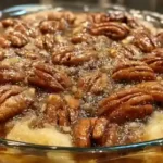 Golden brown pecan pie cobbler in baking dish with bubbling filling and pecans on top