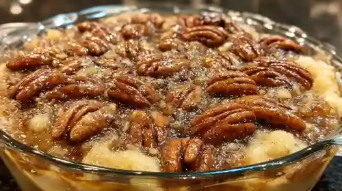 Golden brown pecan pie cobbler in baking dish with bubbling filling and pecans on top