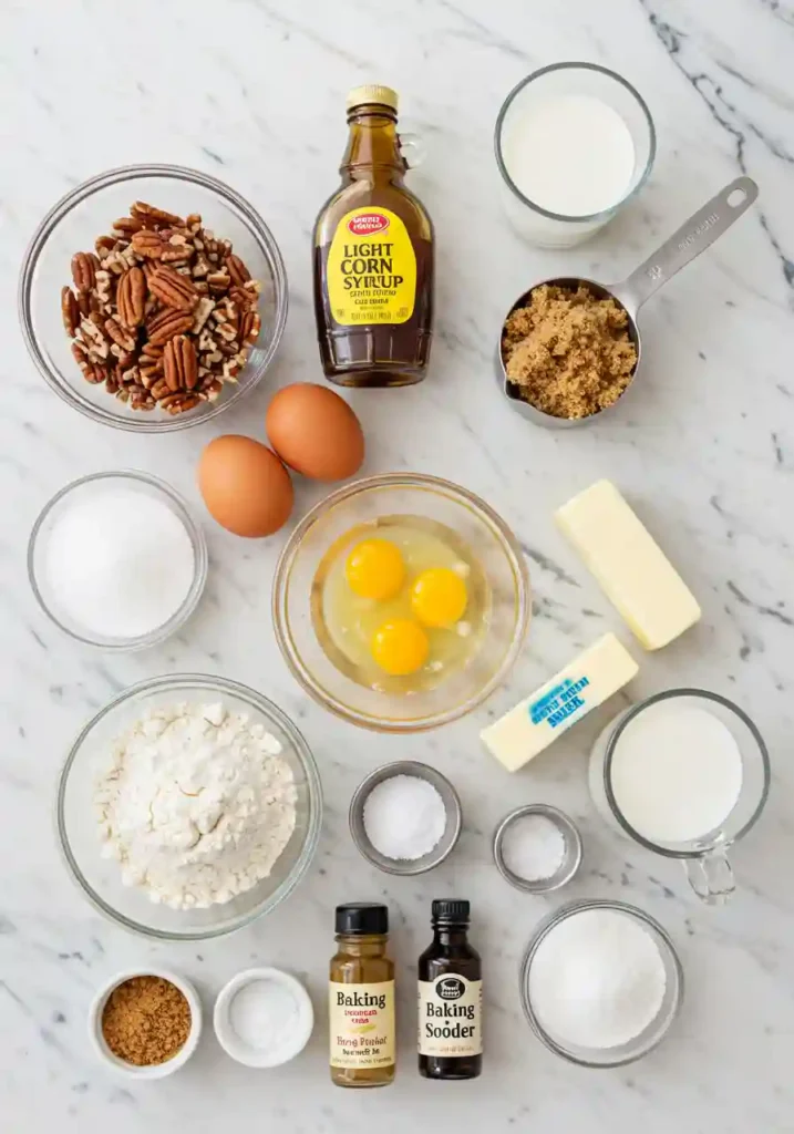 Pecan pie cobbler ingredients laid out including pecans, eggs, corn syrup, flour, and butter