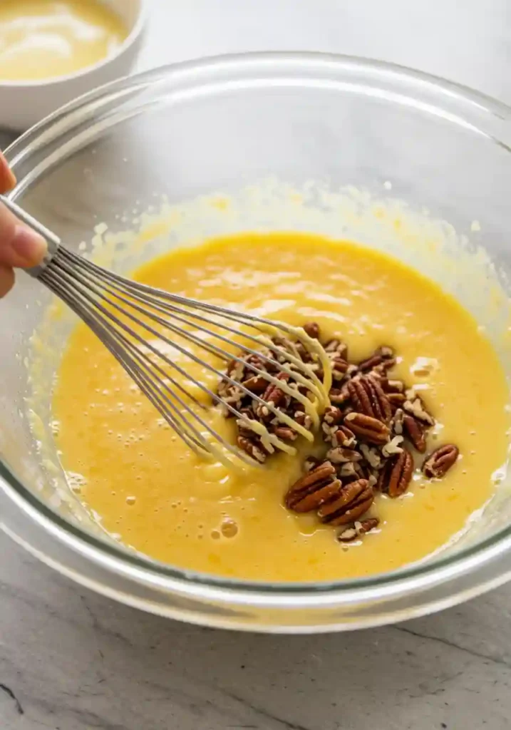 Hands whisking pecan pie filling ingredients in glass bowl with eggs and corn syrup