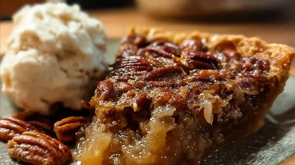 Slice of golden Pecan Pie Dump Cake on white plate with whole pecans and gooey filling visible