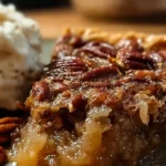 Slice of golden Pecan Pie Dump Cake on white plate with whole pecans and gooey filling visible