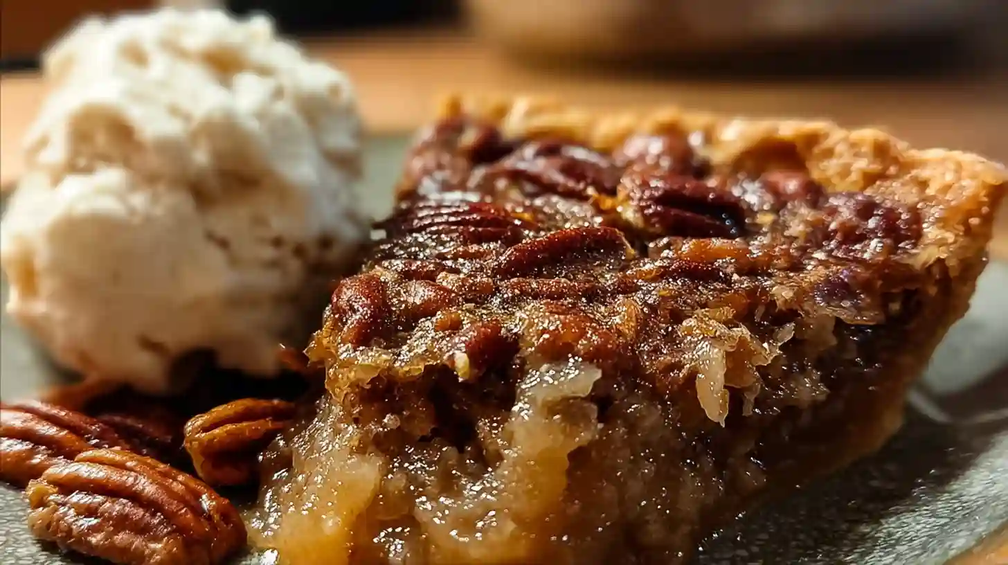 Slice of golden Pecan Pie Dump Cake on white plate with whole pecans and gooey filling visible