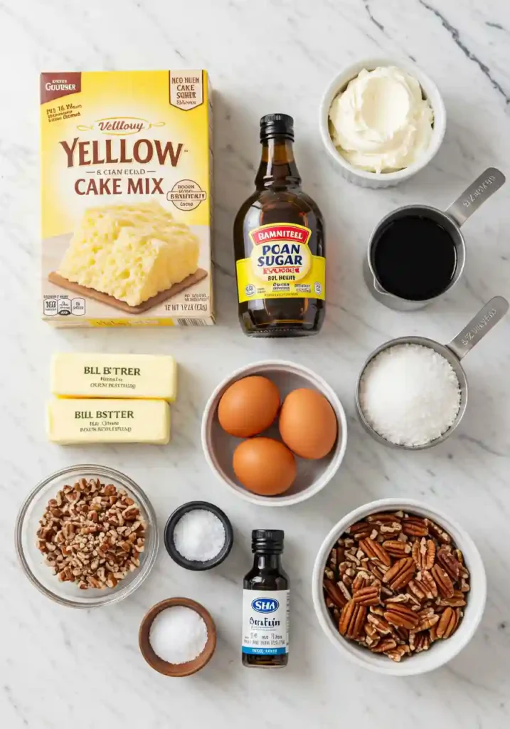 All ingredients for Pecan Pie Dump Cake including yellow cake mix, pecans, eggs, corn syrup, and butter