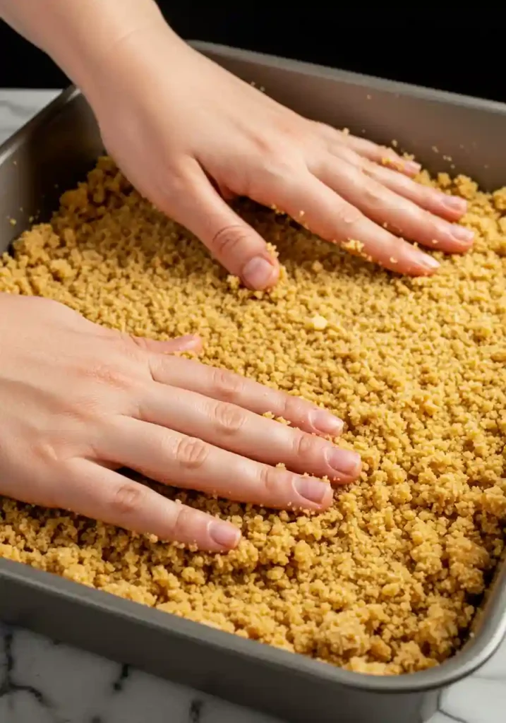 Hands pressing crumbly cake mix base into greased baking dish for Pecan Pie Dump Cake