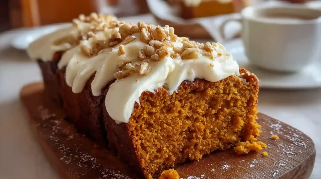 Sliced pumpkin bread with cream cheese swirl showing marbled interior on rustic wooden board