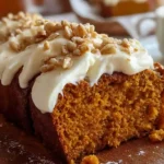 Sliced pumpkin bread with cream cheese swirl showing marbled interior on rustic wooden board