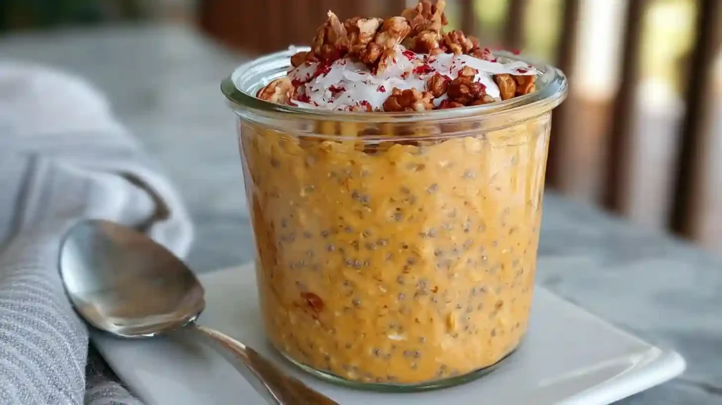 Creamy pumpkin overnight oats in mason jar with pecans and cinnamon on rustic wooden table