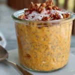 Creamy pumpkin overnight oats in mason jar with pecans and cinnamon on rustic wooden table