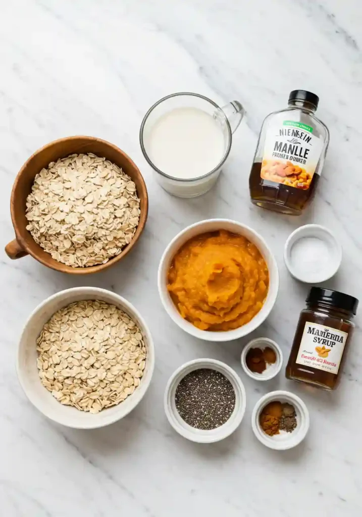 Pumpkin overnight oats ingredients including rolled oats, pumpkin puree, protein powder, and fall spices