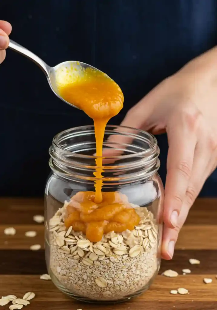 Adding pumpkin puree and milk to overnight oats mixture in glass jar during recipe preparation