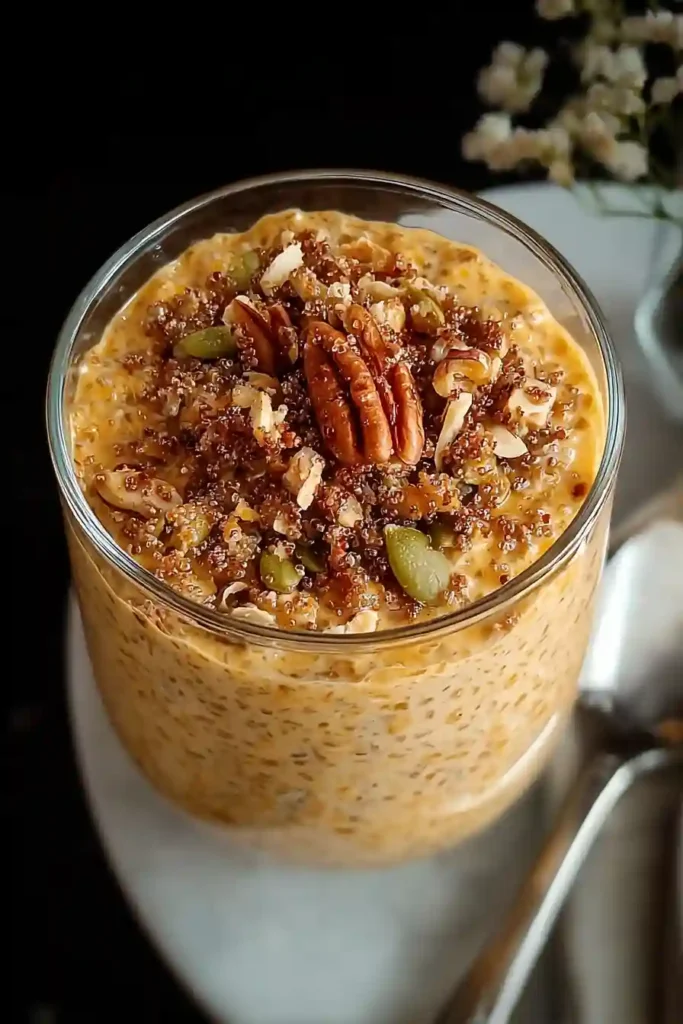Stirring finished pumpkin overnight oats with wooden spoon showing creamy texture and orange color