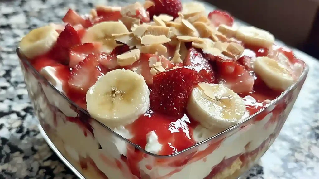 Beautiful layered strawberry banana pudding in glass dish with whipped cream topping, vanilla wafers, fresh strawberries and banana slices visible through sides