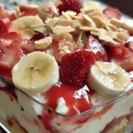 Beautiful layered strawberry banana pudding in glass dish with whipped cream topping, vanilla wafers, fresh strawberries and banana slices visible through sides