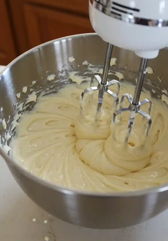 Hand mixer blending French vanilla pudding mix with milk and cream cheese mixture in large glass mixing bowl on kitchen counter