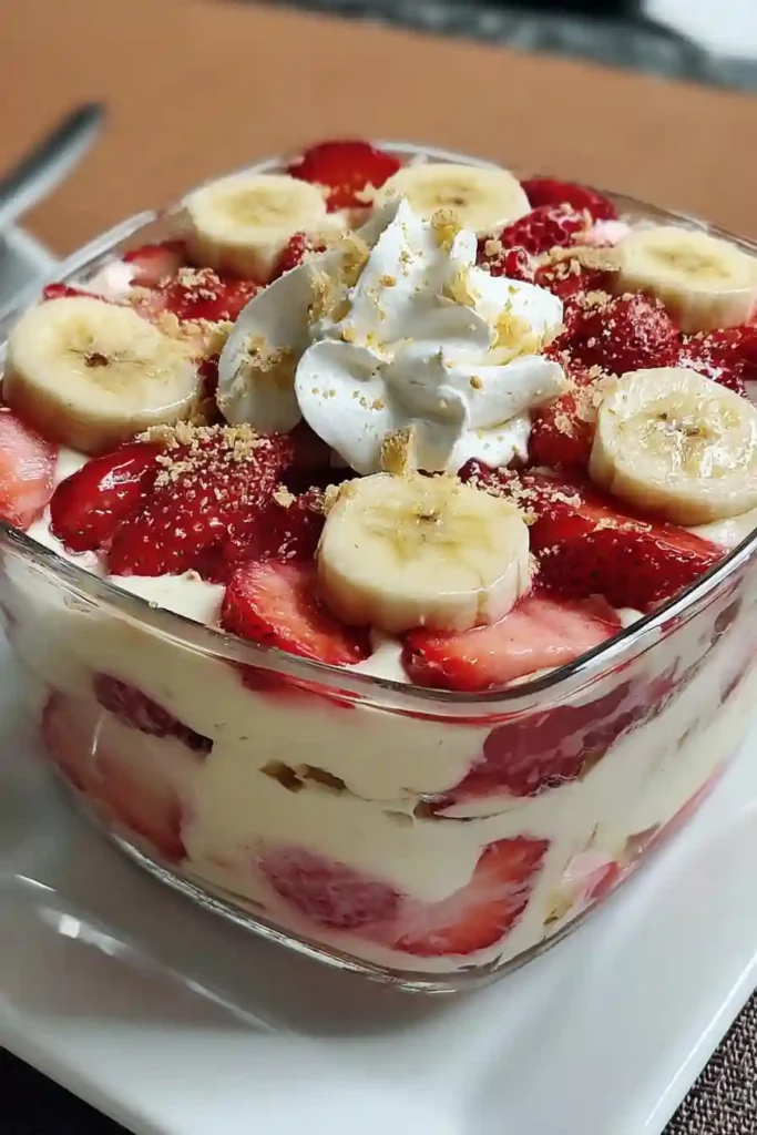 Spreading fluffy whipped topping over completed strawberry banana pudding layers in glass dish with spatula, showing final assembly step