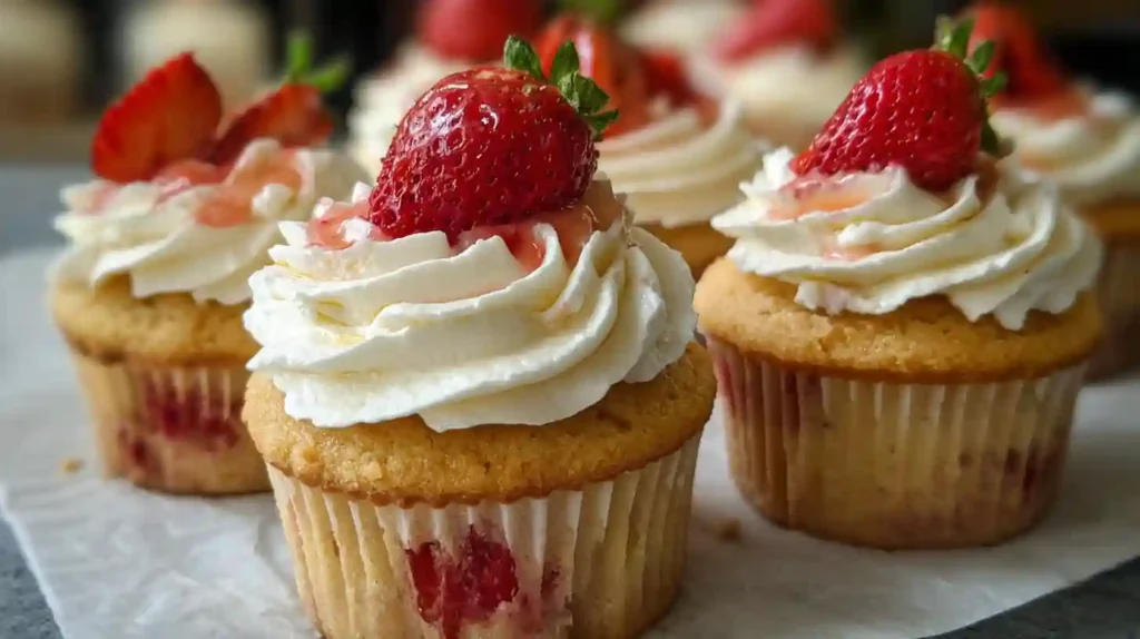 Strawberry shortcake cupcakes topped with whipped cream rosettes and fresh strawberry slices
