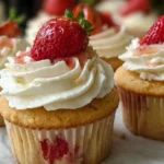 Strawberry shortcake cupcakes topped with whipped cream rosettes and fresh strawberry slices