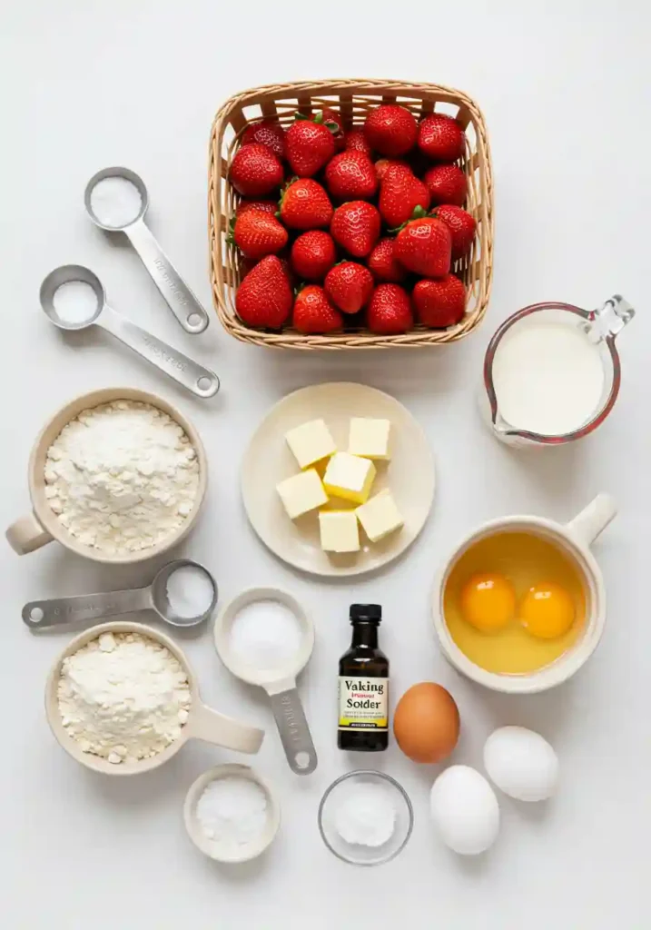 All ingredients for strawberry shortcake cupcakes including flour, butter, fresh strawberries, and heavy cream