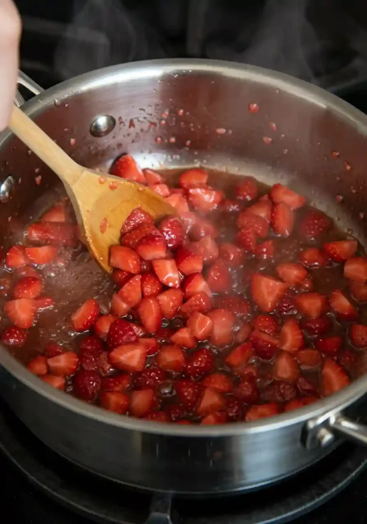 Diced strawberries cooking in a saucepan to create strawberry compote filling
